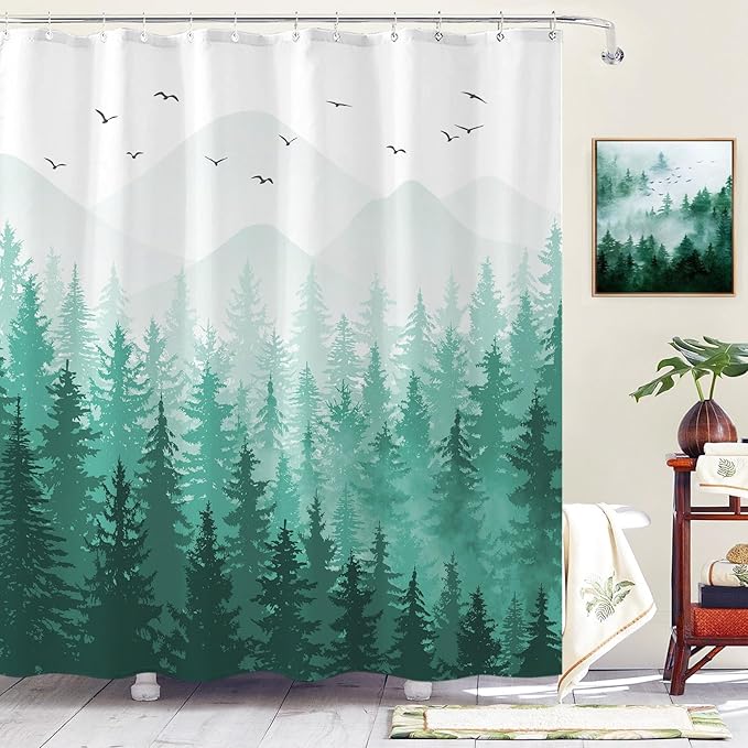 Aipon Teal Misty Forest Shower Curtain Ombre Nature Tree Plants Shower Curtains Fabric Waterproof Mountain Shower Curtain Sets for Bathroom Bath Decor with 12 Hooks (Teal, 72'' × 72'')