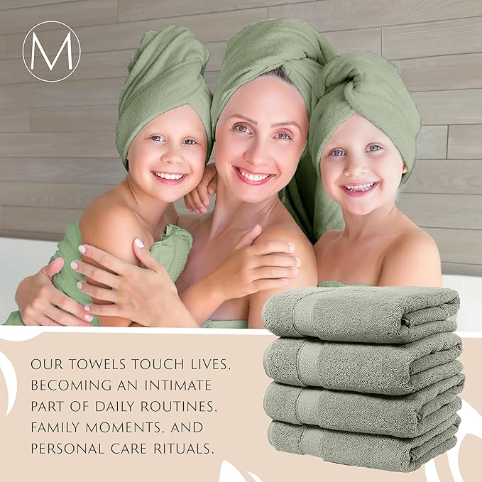 MAURA Sage Extra Large Turkish Cotton Luxury Bath Towels Set of 4. Ultra-Soft, Thick & Plush Towels for Bathroom - Sage Green