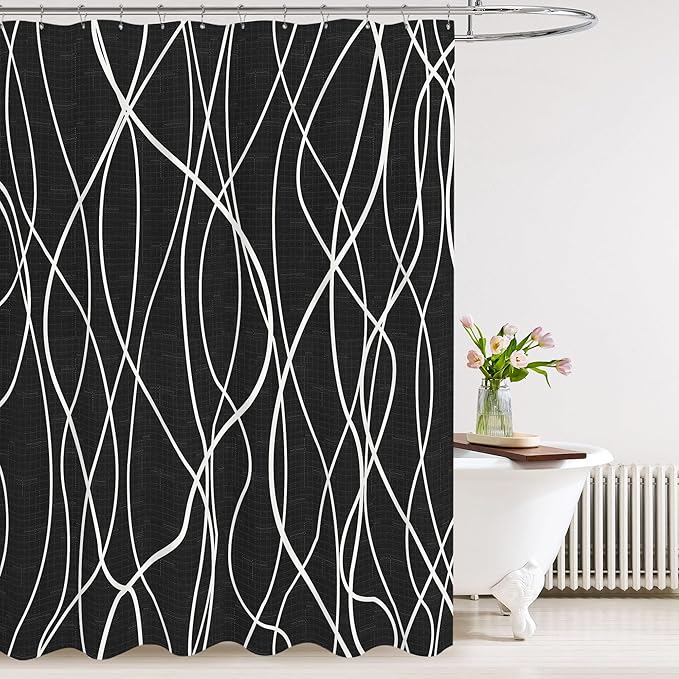 Tititex Morden 140gms Faux Linen Bath Shower Curtain Set Textured Fabric with Black White Curve Pattern 72x72 Inch Water Resistant Bathroom Curtains, Weighted Hem & Hooks for Home/Hotel