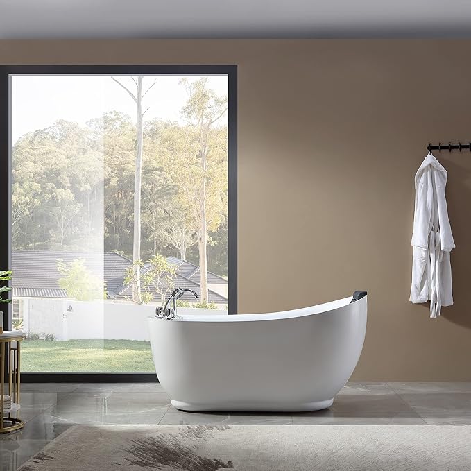 Empava 67 inch Acrylic Freestanding Whirlpool Bathtub with Hydromassage Gracefully Oval Shaped Adjustable Water Jets Soaking SPA, Single-Ended Massage Bathtubs with Black Pillow, ETL Certified, White