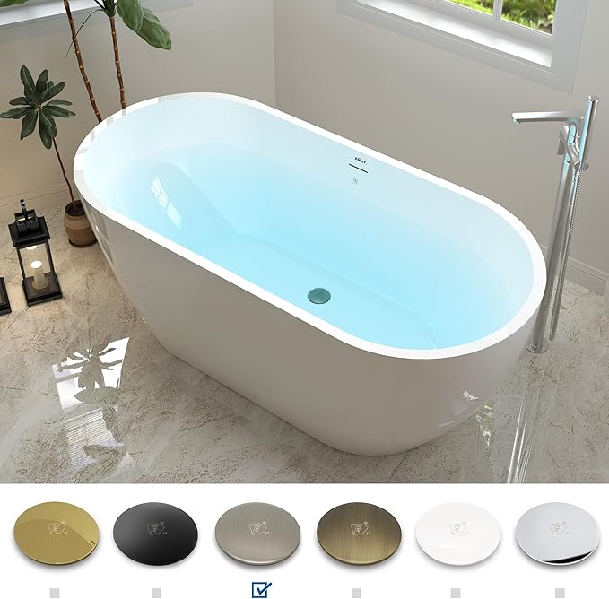 FerdY Nauru 59" Acrylic Freestanding Bathtub, Gracefully Shaped Freestanding Soaking Bathtub with Brushed Nickel Drain & Minimalist Linear Design Overflow, Glossy White, cUPC Certified