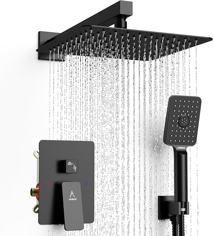 Rain Shower System 10IN Modern Brass Faucet Set With Valve and Diverter Shower Mixer With Handheld High Pressure Square Rainfall Shower Valve (10'' Wall Mount, Matte Black)