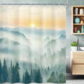 Riyidecor Extra Long Mountain Shower Curtain 72Wx84H Inch Green Yellow Sunrise Sunset Misty Scenery Landscape Nature Woodland Greenery View Bathroom Decor Fabric Polyester Waterproof 12 Pack Hooks