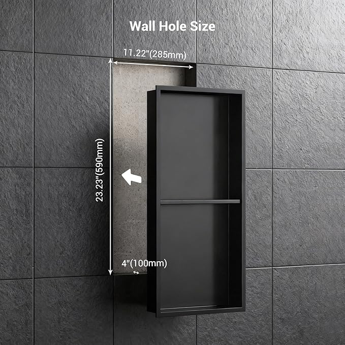 Shower Niche 12x24, Matte Black, No Tile Needed 304 Stainless Steel Recessed Wall Niche Insert with Double Shelves, Built-in Sloped Base Drainage, in-Wall Shower Storage for Bathroom Remodel