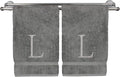 Monogrammed Hand Towel, Personalized Initial Gift, Extra Absorbent 100% Turkish Cotton - Soft Terry Finish - Set of 2 - Silver Block Initial L - Embroidered on Grey Towels