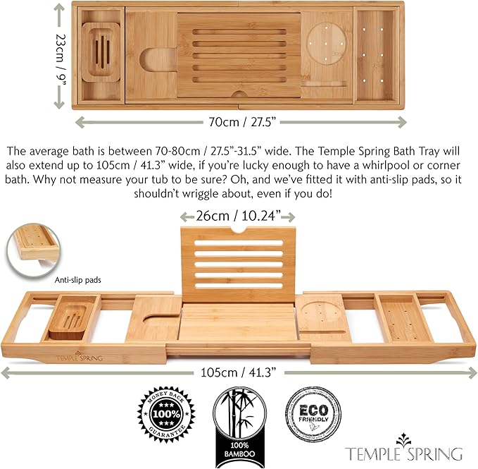 Temple Spring Wooden Bathtub Tray, Bamboo Bathroom Accessories, Bath Tray for Tub, at Home Spa Essentials, Board for Tub Table, Bath Caddy for Bathtub Accessories & Bathroom Essentials – Natural