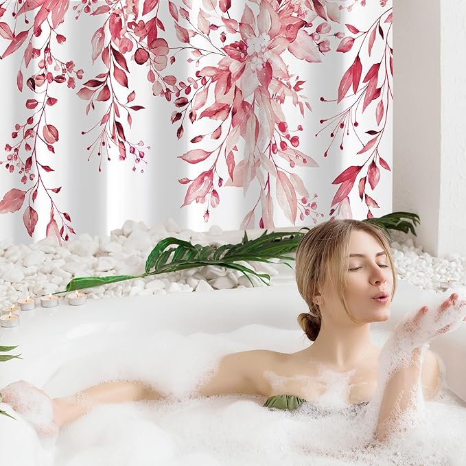 Gibelle Long Shower Curtain 72 x 78, Tall Pink Floral Shower Curtain for Bathroom, Watercolor Plant Eucalyptus Leaves Fabric Shower Curtain Set