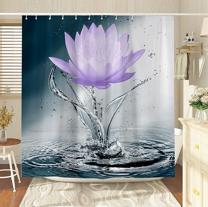 Lotus Shower Curtain Black White Blue Violet Flower Elegant Blooming Floral with Dew Spring Flower Reflection on Water Modern Romantic Polyester Fabric Bathroom Decor 70×90 Inch with Hook