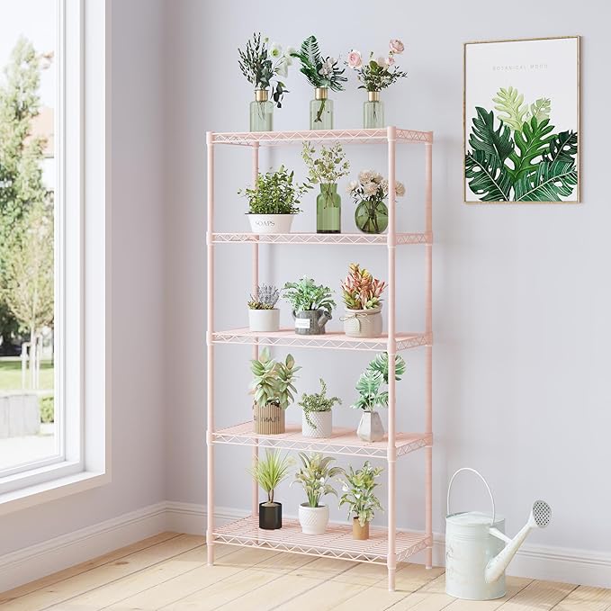 5 Tier Storage Racks Shelving, Heavy Steel Pantry Shelves, Adjustable Wire Shelving Rack, Suitable for Garage, Kitchen, Bathroom, Office, 29" W x 13.4" D x 59" H, Pink