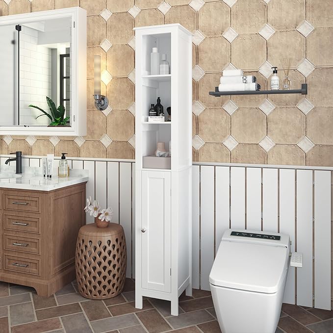 Tall Bathroom Storage Cabinet with Adjustable Shelves,66.92" H Slim 1-Door Freestanding Cabinet for Small Spaces, Bathroom,Kitchen, Living Room,White