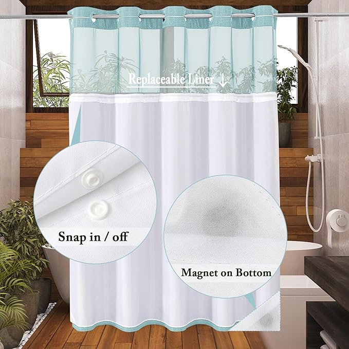 Gibelle Long Shower Curtain 72x80, Waffle Weave Bathroom Shower Curtain with Snap-in Fabric Liner Set, No Hooks Needed, Hotel Style with Mesh Top Window, Teal