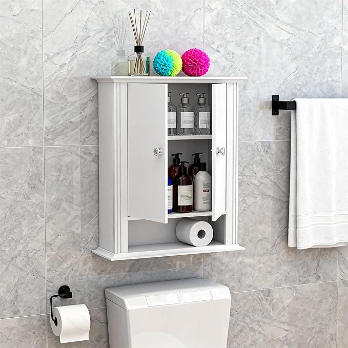 White Wall Cabinet, Over The Toilet Storage Cabinet, Bathroom Cabinet Wall Mount, 2 Doors & Hooks, Medicine Cabinet Organizer, Hanging Wall Cabinet Cupboard for Kitchen Laundry Room White