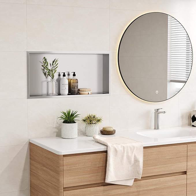 Neodrain Recessed Shower Niche Shelf Stainless Bathroom Cabinet Shelf, Inner Size 24" X 12" X 4", Brushed Nickel Wall Niche Bathroom Cubby Storage