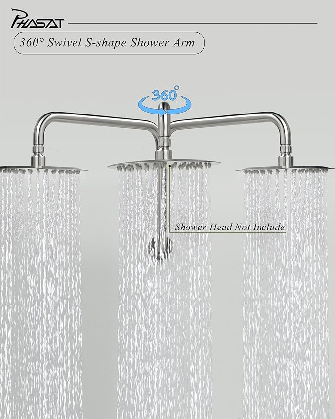 PHASAT S Shaped Shower Arm,Shower Arm Extension Brushed Nickel,High Rise Shower Arm with Flange,Shower Head Extension Arm,PU9L01-M