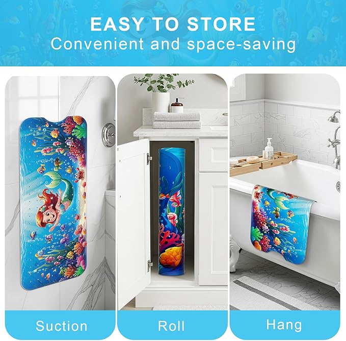 Upgrade Cartoon Baby Bath Mat Non Slip - 40"x16" Extra Long Bathtub Mat for Baby Eco Friendly Durable Bath Mat for Tub Non Slip Kids Tub Mat with Suction Cups, Machine Washable and No Fading, Mermaid