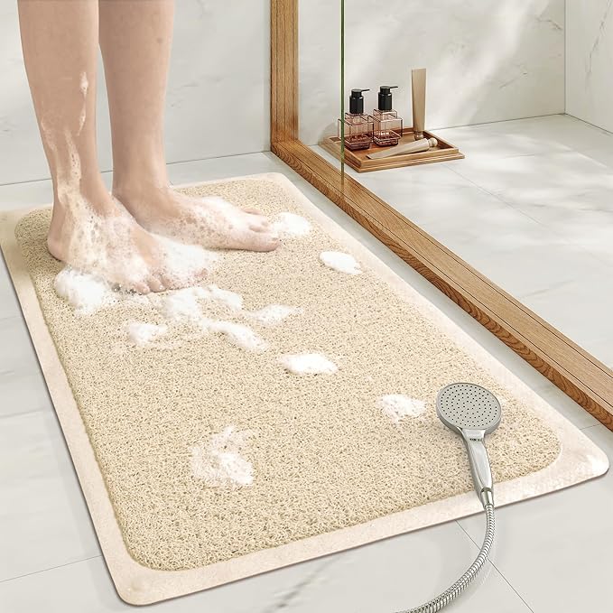 Mecko Non Slip Shower Mats, 17x30 Inch, Anti-Slip Bathtub Mats with Suction Cups for Bathroom, Foot Scrubber Loofah Bath Mats for Shower, Quick Drying Shower Stall Mats for Wet Areas (Beige)