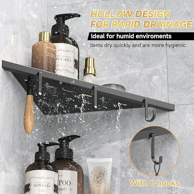 Corner Shower Shelf 10" Matte Black 304 Stainless Steel Recessed Shelf for Bathroom，Shower Corner Rack with Razor Hole Hook，Grout in Shelf for Tiled Wall, 2 Pack