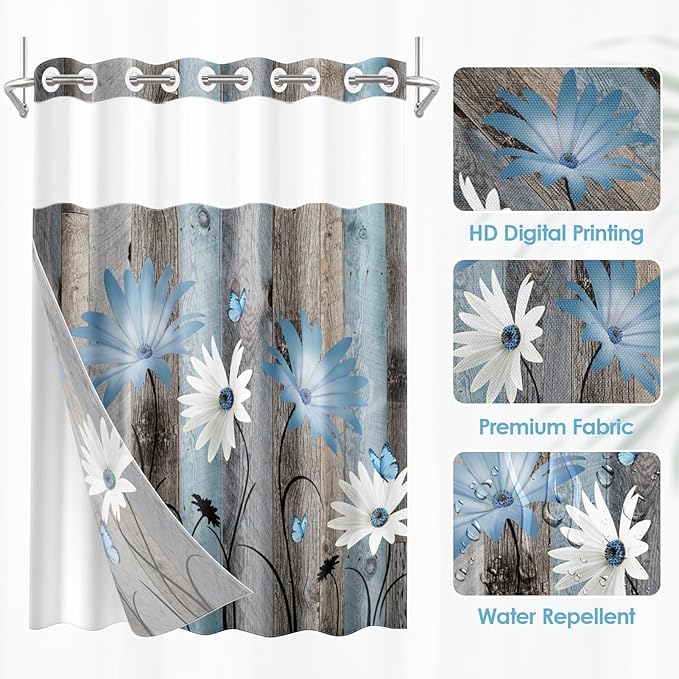 No Hook Rustic Farmhouse Shower Curtain with Snap in Fabric Liner Set, Blue Daisy Flowers and Butterfly on Wooden Double Layers Waterproof with See Through Top Bath Curtain 71x74 Inch