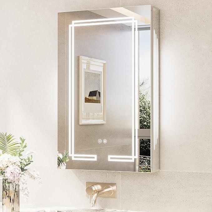 TokeShimi 20x32 Lighted Medicine Cabinet Mirrored, Anti-Fog Tempered Bathroom LED Mirror with Storage 3 Color Stepless Dimming, CRI 80+, Memory Funtion, Surface Mount Medicine Cabinet with Light