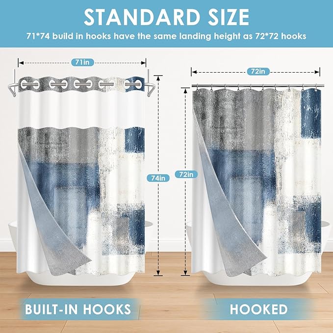 No Hook Blue Grey Painting Shower Curtain with Snap in Fabric Liner Set, Gray Abstract Double Layers Waterproof Fabric with See Through Top Window Open Grommet Bath Curtain 71x74 Inch