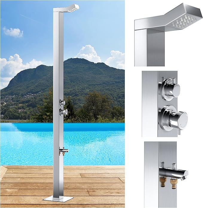 Bondi 316 Marine Grade Stainless Steel Outdoor Shower Panel-No Rust! Perfect for Swimming Pools, Backyards, Beach Houses, Resorts. Hot & Cold Water Connections, Wall Mounted or Freestanding Options.