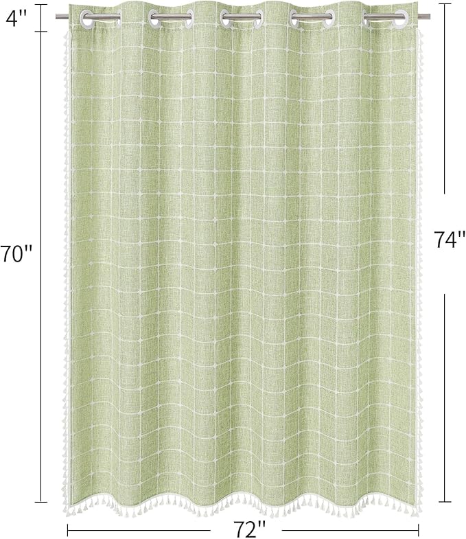 MitoVilla No Hooks Needed Boho Farmhouse Shower Curtain with Snap-in Liner, Cotton Linen Fabric Shower Curtains with Tassels for Rustic Neutral Bathroom Decor, Sage Green, 72 x 74