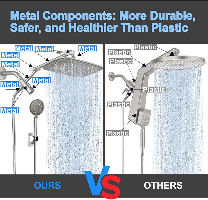 Veken 11.8" Rain Shower Head with Handheld, High Pressure Handheld Shower Heads with Multi Spray Modes,Rainfall Combo with 15" Metal Extension Arm,Detachable Dual Shower,Long 6 ft. Hose,Brushed Nickel