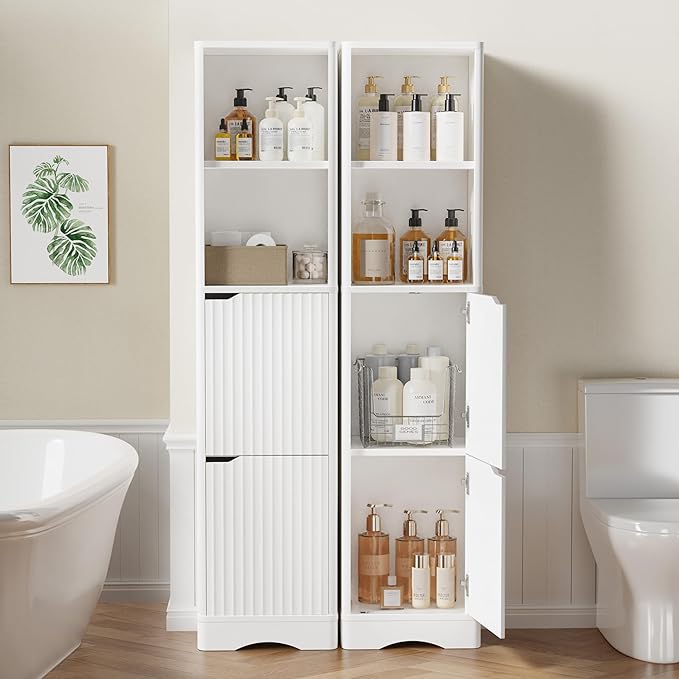 67" Tall Bathroom Organizer and Storage, Narrow Storage Cabinet with 2 Doors and 4 Shelves, Freestanding Floor Storage Unit,15.7" W x 11.8" D x 66.9" H, White