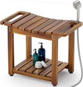 BLUEWEST Shower Bench Seat with Storage Shelf, Natural Wood Shower Benches for Inside Shower to Sit on, Waterproof Bathroom Spa Bench Stool for Legs Shaving with Built-in Handle & Shower Head Holder