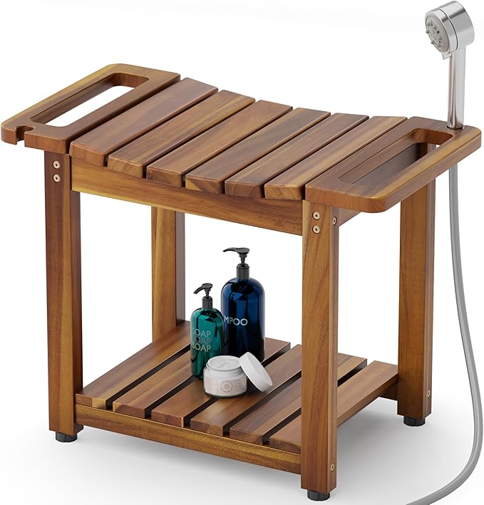 BLUEWEST Shower Bench Seat with Storage Shelf, Natural Wood Shower Benches for Inside Shower to Sit on, Waterproof Bathroom Spa Bench Stool for Legs Shaving with Built-in Handle & Shower Head Holder