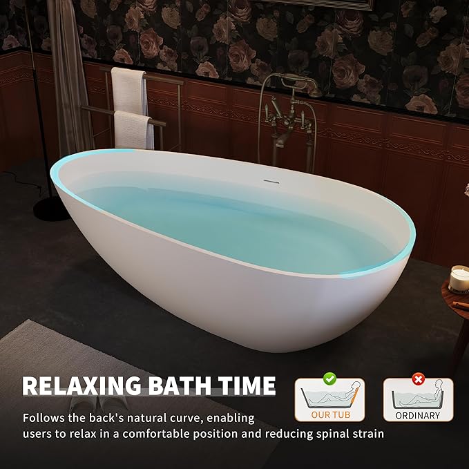 Abruzzo 67“ Solid Surface Freestanding Bathtub, Egg Shell Shaped Stone Resin Freestanding Tubs, Contemporary Oval Soaking Tubwith Overflow in Matte White, cUPC Certified