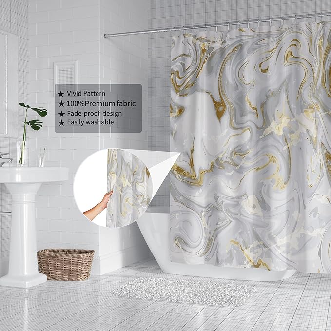 Domoku Grey Gold Marble Shower Curtain,Abstract Modern for Bathroom Decor,Waterproof Texture Washable Fabric,36 X 72