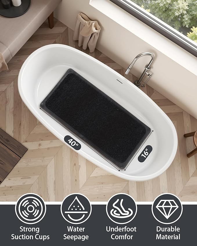 Mecko Non Slip Shower Mats, 16x40 Inch, Anti-Slip Bathtub Mats with Suction Cups for Bathroom, Foot Scrubber Loofah Bath Mats for Shower, Quick Drying Shower Stall Mats for Wet Areas (Black)