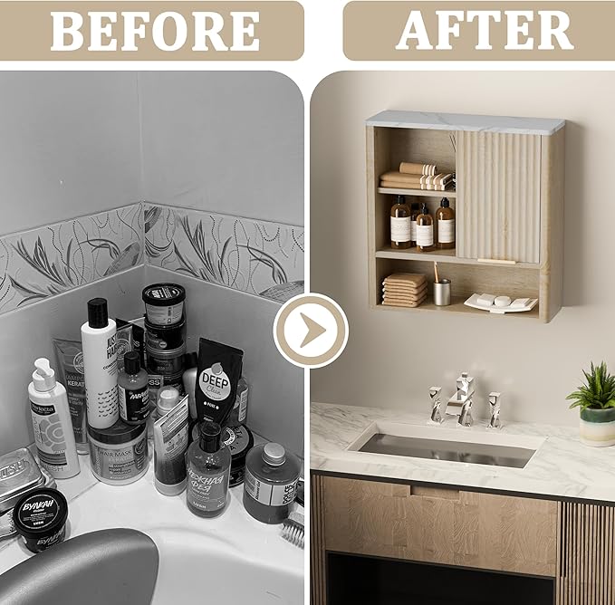 24” Bathroom Wall Cabinet, Modern Wood Medicine Cabinet with Adjustable Shelves, Above Toilet Storage Organizer for Kitchen, Living Room,Laundry Room,Oak