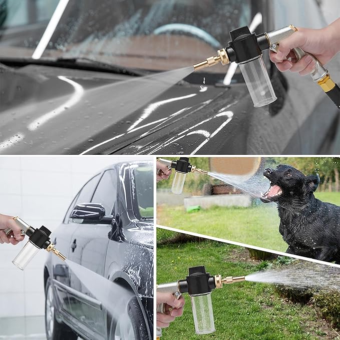 Garden Hose Nozzle Sprayer with 3.5oz Plastic Soap Dispenser Bottle, Heavy Duty High Pressure Car Wash Foam Gun, Adjustable Nozzle for Gardening, Solar Panel Cleaning, Pet Showering (Silver)