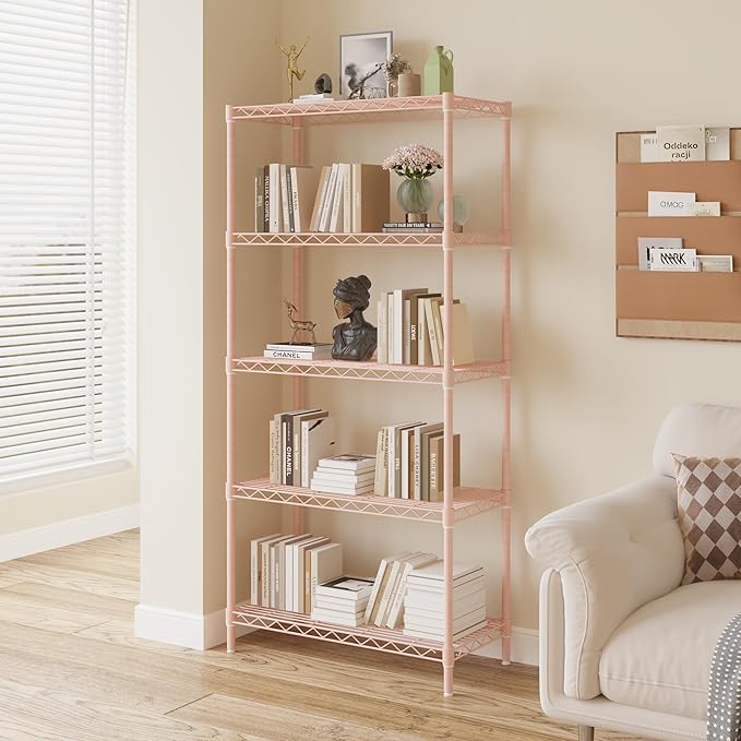5 Tier Storage Racks Shelving, Heavy Steel Pantry Shelves, Adjustable Wire Shelving Rack, Suitable for Garage, Kitchen, Bathroom, Office, 29" W x 13.4" D x 59" H, Pink