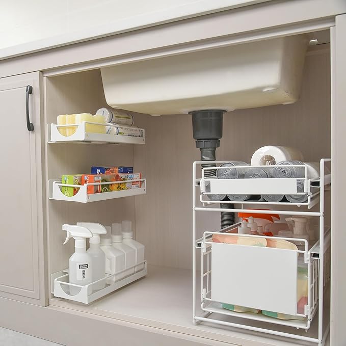 Under Sink Organizer Sliding Storage Rack for Kitchen & Bathroom, Space-Saving Pull-Out Storage for Bottles, Spices, Cleaning Supplies Adjustable Under Cabinet Organizer Durable Metal Shelf, White