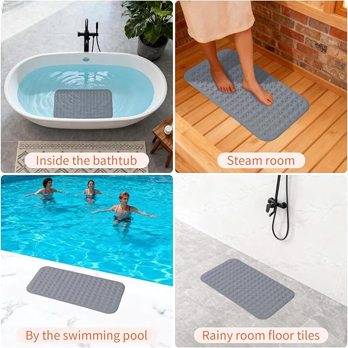 Anti-Slip Bathtub Shower mat, 27.5×14.5（Approximately 70×37cm） inch Soft Oversized Machine Washable Non-Slip Bathtub mat with Drainage Holes, Bathroom Floor Suction Cup.（1-Opaque Gray）