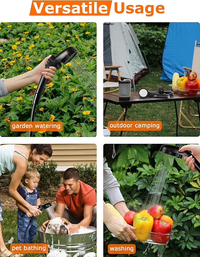 innhom Portable Camping Shower, 6000mAh Rechargeable Camp Shower Pump with LED Display, 2 Mode Electric Portable Shower for Camping, Hiking, Travelling, Washing