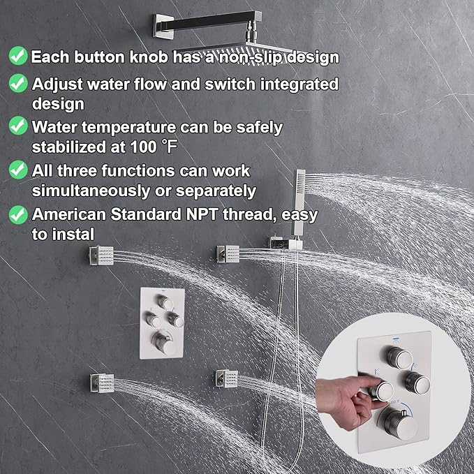 Modern Push Button 3 Way Thermostatic Shower Valve, Concealed 3 Outlet Multi Function Brass Mixer Shower Diverter Valve Kit Can Control Flow and On-Off Simultaneously, Brushed Nickel