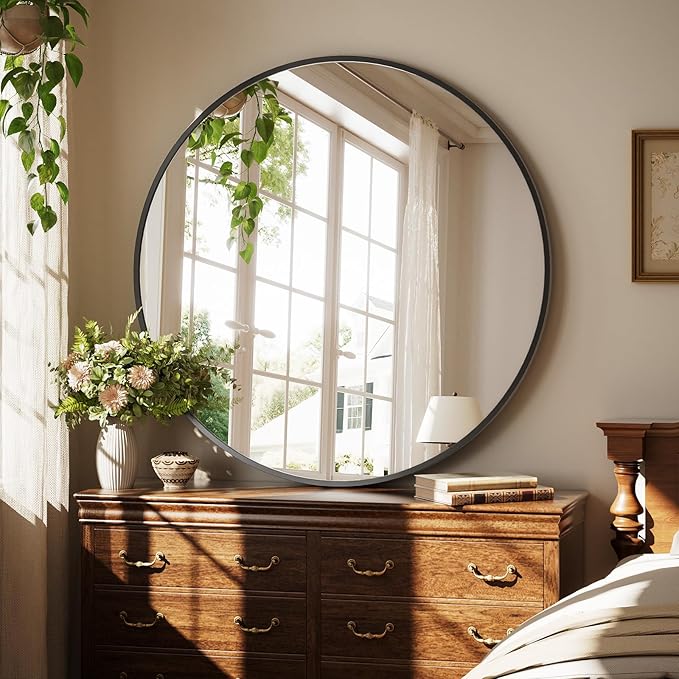 40 Inch Round Mirror - Circle Mirrors for Bathroom, Entryway and Living Room Wall Decor, Modern Hanging Vanity Mirror, Matte Black Circle Decorative Wall Mirror
