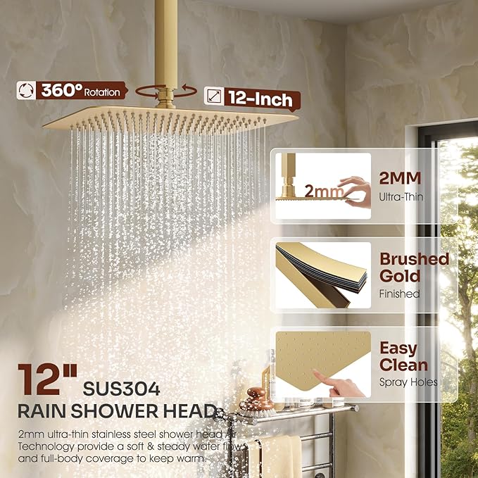 Ceiling Mount Shower System, Gold Shower Faucet Set with 12-Inch Rain Showerhead and Handheld Spray Combo, High-Pressure Showerheads Set with Valve and Trim Kit, Brushed Gold