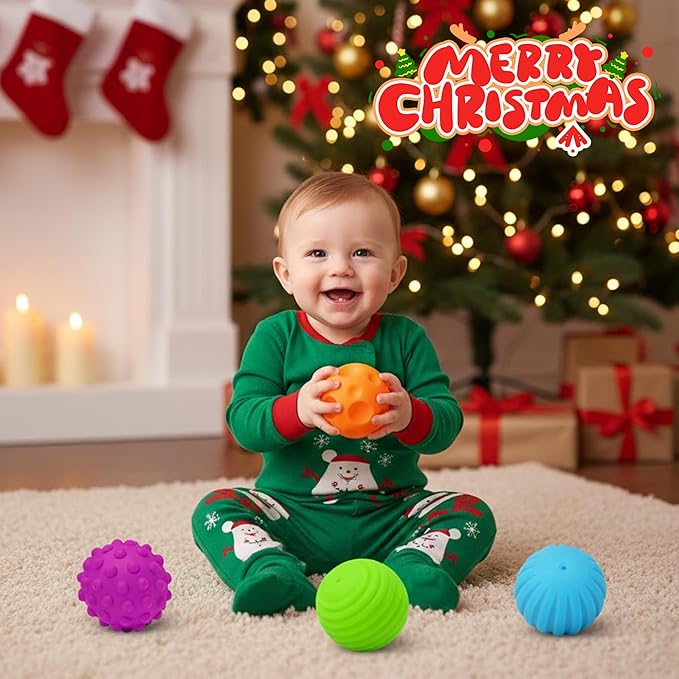 Montessori Toys for Babies 3 Months+, Baby Balls 3 to 12 Month for Babies & Toddlers 3M+, Textured Multi Ball Set Colorful & Soft Squeezy Sensory Toys. Stress Relief Balls for Infant (4 Pack)