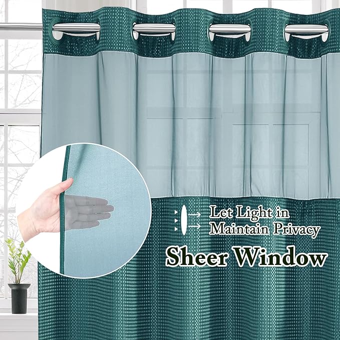 Gibelle No Hook Waffle Weave Shower Curtain with Snap-in Fabric Liner Set for Bathroom, Hotel Style with Mesh Top Window, Waterproof & Washable, Seaweed Green, 72x74