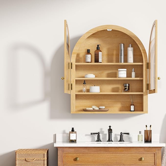 Large Arched Wall Cabinet with Acrylic Door, Large Wooden Wall Mounted Bathroom Cabinet, Modern Hanging Medicine Cabinet with Adjustable Shelf and Open Shelf, Natural Oak