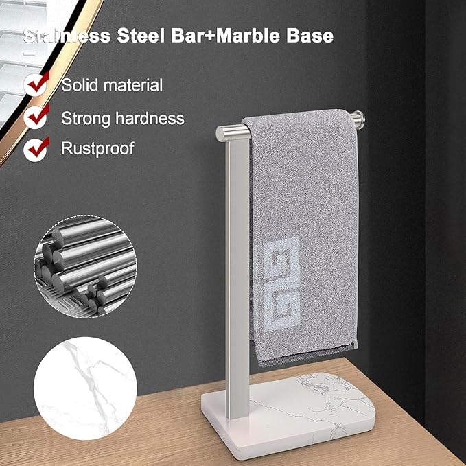 NearMoon Hand Towel Holder with Balanced Marble Base, 304 Stainless Steel Stand Towel Ring L Shape Hand Towel Rack Free-Standing Towel Bar for Bathroom Kitchen Countertop (Single Rod, Brushed Nickel)