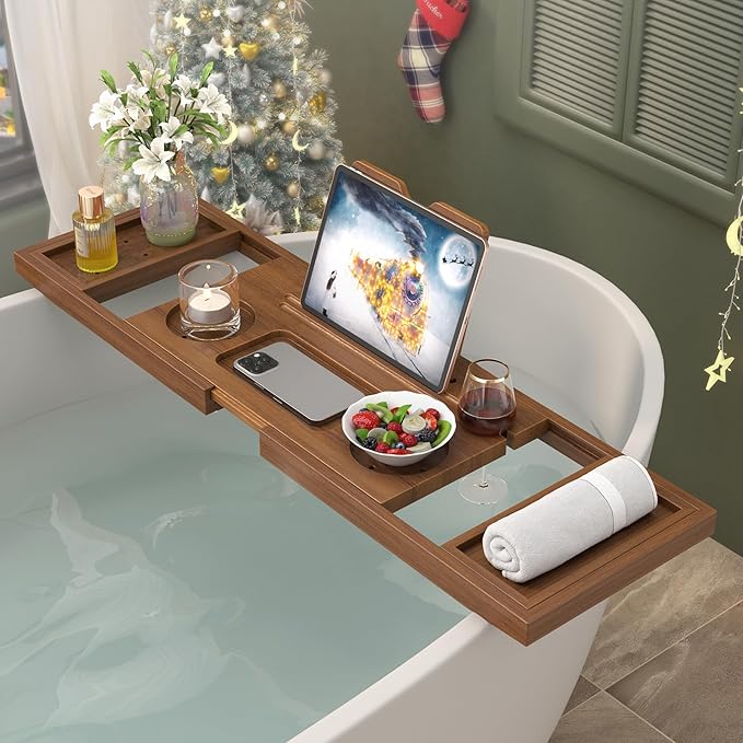 Teak Bathtub Tray, Expandable Wooden Bath Tray for Tub, Luxury Bath Caddy for Bathtub, Birthday & Wedding for Couple Bridal Shower Present, House Warming Gifts New Home