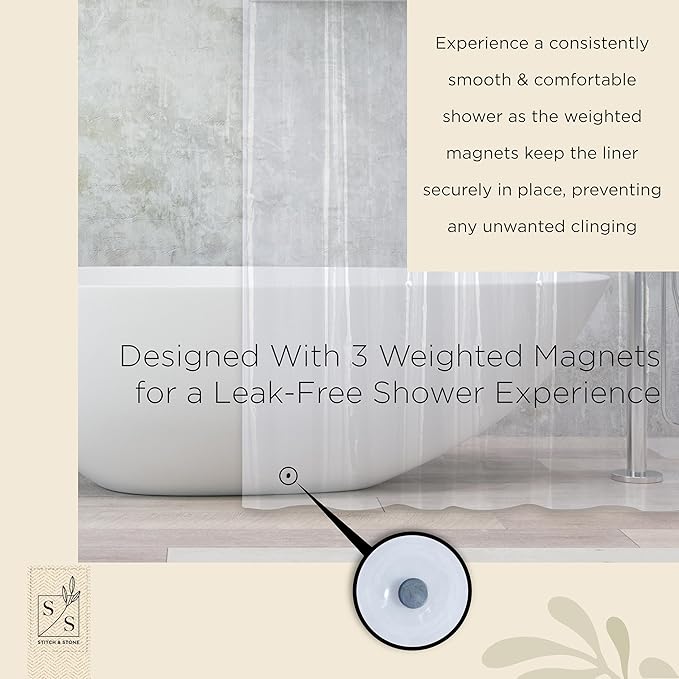 Stitch & Stone Shower Curtain Liner, Premium Medium Weight Durable Waterproof 6g PEVA for Bathroom with Weighted Magnets, Extra Long 72" x 78", Clear 1 Pack