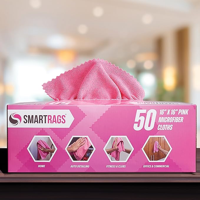 Arkwright Smart Rags in Box - (Pallet of 8000) Lint Free, Large Microfiber Cleaning Cloth, Scratch & Streak-Free, Dispensable Wash Towels for Cars, Kitchen, and Window Glass, 16 x 16 in, Pink