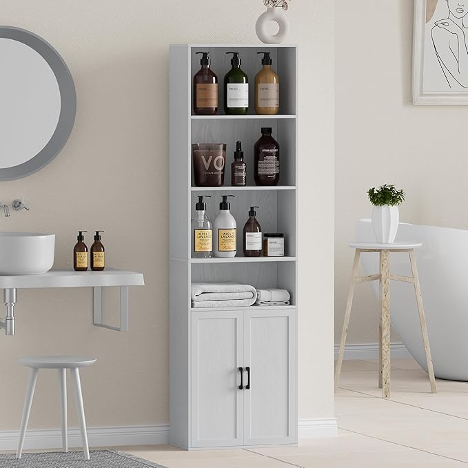 Tall Bathroom Storage Cabinet, Bathroom Floor Cabinet with Wide 4 Tier Shelf, Storage Unit for Living Room, Entryway, Kitchen (Embossed White, 1 PCS)